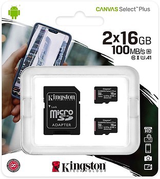 Фото Kingston Canvas Select Plus microSDXC Class 10 UHS-I U1 2 x 16Gb (SDCS2/16GB-2P1A)