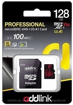 Фото Addlink Professional microSDXC Class 10 UHS-I U3 128Gb (ad128GBMSXU3A)