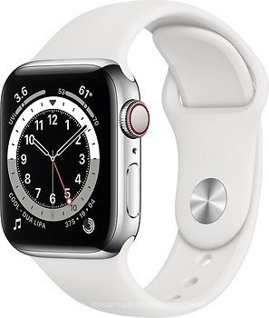 Фото Apple Watch Series 6 GPS + Cellular 44mm Silver Stainless Steel Case with White Sport Band (M07L3)