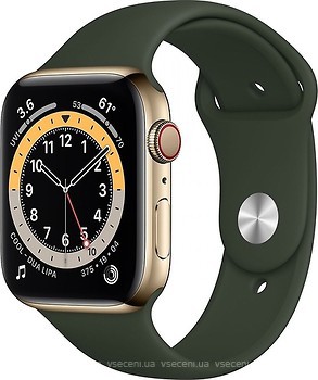Фото Apple Watch Series 6 GPS + Cellular 44mm Gold Stainless Steel Case with Cyprus Green Sport Band (M07N3/M09F3)