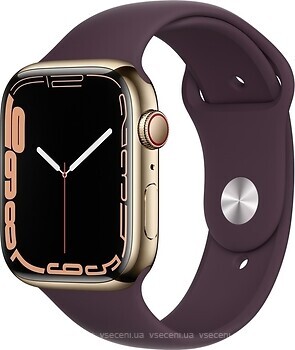Фото Apple Watch Series 7 GPS + Cellular 45mm Gold Stainless Steel Case with Dark Cherry Sport Band (MKJX3)