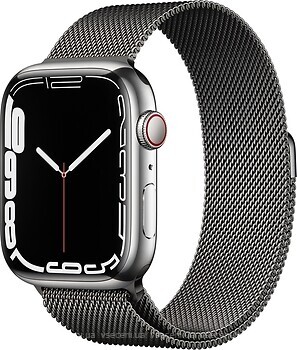 Фото Apple Watch Series 7 GPS + Cellular 45mm Silver Stainless Steel Case with Graphite Milanese Loop (MKL33)