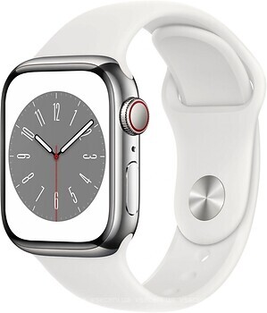 Фото Apple Watch Series 8 GPS + Cellular 41mm Silver Stainless Steel Case with White Sport Band (MNJ53)