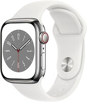 Фото Apple Watch Series 8 GPS + Cellular 41mm Silver Stainless Steel Case with White Sport Band (MNV73)