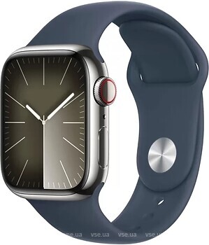 Фото Apple Watch Series 9 GPS + Cellular 45mm Silver Stainless Steel Case with Storm Blue Sport Band (MRMP3)