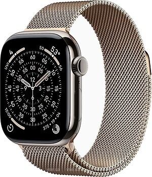 Фото Apple Watch Series 11 GPS + Cellular 42mm Natural Titanium Case with Gold Milanese Loop (MF9H4+MGJ04)