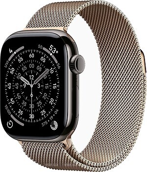 Фото Apple Watch Series 11 GPS + Cellular 42mm Slate Titanium Case with Gold Milanese Loop (MF9K4+MGJ04)
