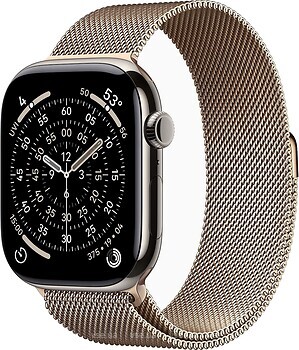 Фото Apple Watch Series 11 GPS + Cellular 46mm Natural Titanium Case with Gold Milanese Loop (MFAY4+MGJ54)