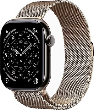 Фото Apple Watch Series 11 GPS + Cellular 46mm Slate Titanium Case with Gold Milanese Loop (MFC14+MGJ54)