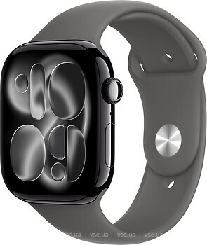 Фото Apple Watch Series 11 GPS 46mm Jet Black Aluminum Case with Stone Grey Sport Band (MEW84+MXLY3)