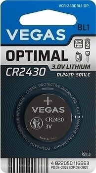 Фото Vegas CR-2430 3V Lithium 1 шт (VCR-2430BL1-OP)