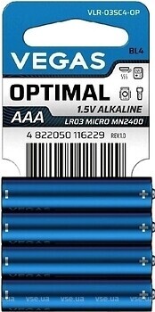 Фото Vegas Optimal AAA/LR03 1.5V Alkaline 4 шт (VLR-03SC4-OP)