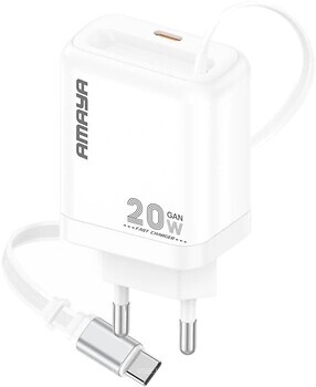 Фото Amaya E220S USB-C Wall Charger GaN Retractable Cable USB-C 20W White (84568)