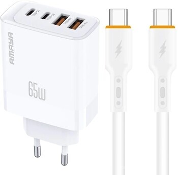 Фото Amaya E101F Wall Charger 2xUSB+2xUSB-C QC3.0 GaN USB Type-C Cable 65W White (84589)