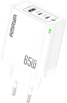 Фото Amaya E102T Wall Charger 2xUSB-C+USB QC3.0 GaN 65W White (84588)