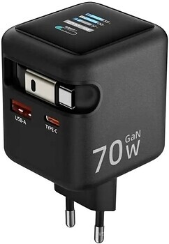 Фото Amaya E700D Wall Charger USB+USB-C QC3.0 GaN Retractable Cable USB-C 70W Black (84602)