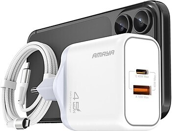 Фото Amaya E580T Wall Charger USB+USB-C QC3.0 GaN USB Type-C Cable 45W White (84600)