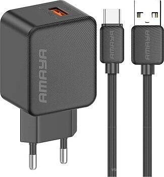 Фото Amaya E111U QC3.0 18W 1USB-A USB Type-C Cable Black (84571)