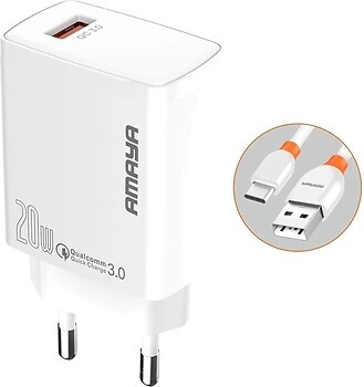 Фото Amaya E57S QC3.0 20W 1USB-A USB Type-C Cable White (84591)