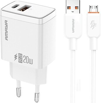 Фото Amaya E67D PD20W+QC3.0 1USB-A/1C Micro-USB Cable White (84587)