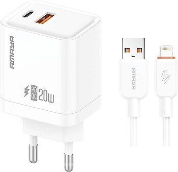 Фото Amaya E77D PD20W+QC3.0 1USB-A/1C Lightning Cable White (84578)