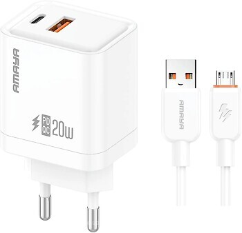 Фото Amaya E77D PD20W+QC3.0 1USB-A/1C Micro-USB Cable White (84580)