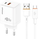 Фото Amaya E77D PD20W+QC3.0 1USB-A/1C USB Type-C Cable White (84579)