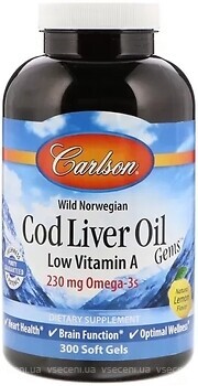 Фото Carlson Labs Cod Liver Oil 1000 мг со вкусом лимона 300 капсул (CAR-01393)