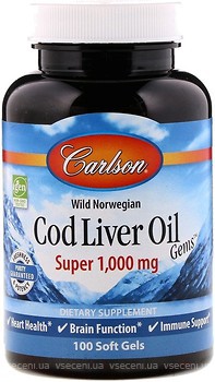 Фото Carlson Labs Wild Norwegian Cod Liver Oil Super 1000 мг 100 капсул (CAR-01301)
