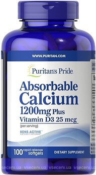 Фото Puritan's Pride Absorbable Calcium 1200 мг with Vitamin D3 1000 IU 100 капсул