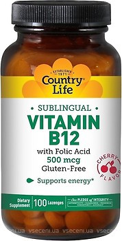 Фото Country Life Vitamin B12 with Folic Acid со вкусом вишни 100 леденцов (CLF-06295)