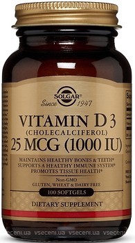 Фото Solgar Vitamin D3 Cholecalciferol 1000 IU 100 капсул (SOL33405)