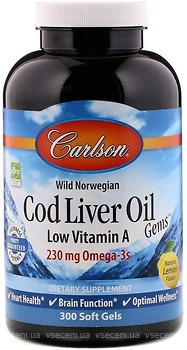 Фото Carlson Labs Cod Liver Oil Gems Low Vitamin A со вкусом лимона 300 капсул