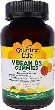Фото Country Life Vitamin D3 Gummies со вкусом клубника-апельсин 60 таблеток