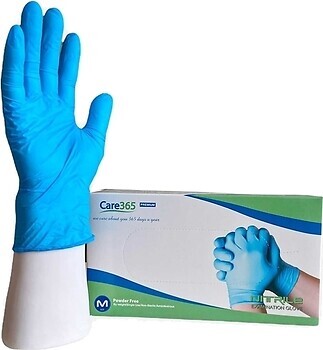 Фото Care365 перчатки нитриловые неопудренные голубые Premium M 50 пар