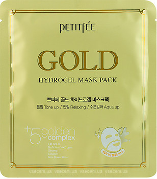 Фото Petitfee Gold Hydrogel Mask +5 golden complex гидрогелевая маска для лица с золотым комплексом +5