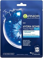 Фото Garnier тканевая маска для лица Skin Naturals Hydra Bomb Ночная Аква Бомба для кожи лица с признаками усталости 28 г
