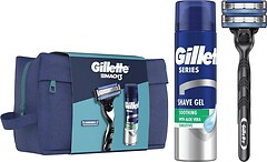 Фото Gillette подарочный набор Mach 3 с 2 сменными картриджами, гелем для бритья Soothing 200 мл и дорожным чехлом