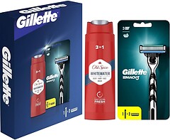 Фото Gillette подарочный набор Mach 3 с 2 сменными картриджами и гелем для душа Old Spice 3 в 1 WhiteWater 250 мл