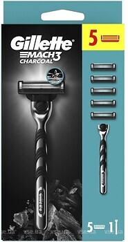 Фото Gillette бритвенный станок Mach 3 Charcoal с 5 сменными картриджами