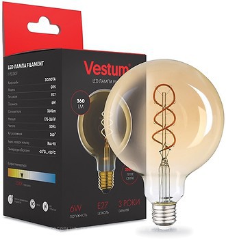 Фото Vestum led filament vintage G95 6W 2500K 220V E27 Golden twist (1-VS-2507)