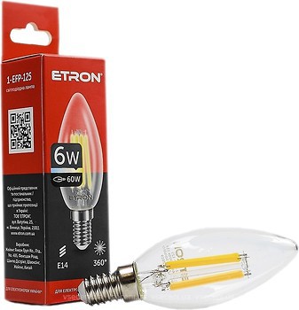 Фото Etron led filament C37 6W 3000K E14 Clear (1-EFP-125)