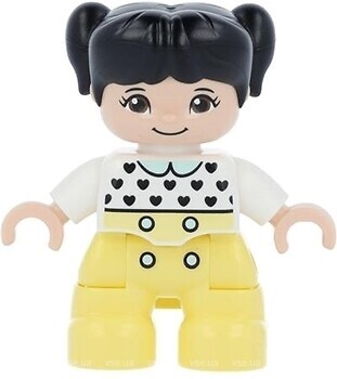 Фото LEGO Duplo Child Girl - Bright Light Yellow Legs, White Top with Black Hearts, Light Nougat Skin (47205pb079)
