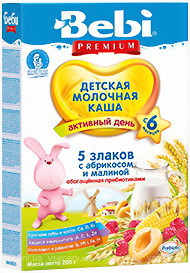Фото Bebi Premium Каша молочная 5 злаков с малиной, абрикосом и пребиотиками 200 г