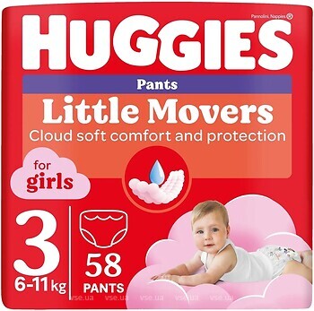 Фото Huggies Little Movers Pants 3 для девочек (6-11 кг) 58 шт