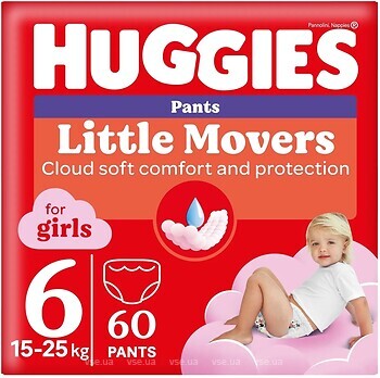 Фото Huggies Little Movers Pants 6 для девочек (15-25 кг) 60 шт