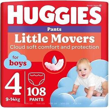 Фото Huggies Little Movers Pants 4 для мальчиков (9-14 кг) 108 шт