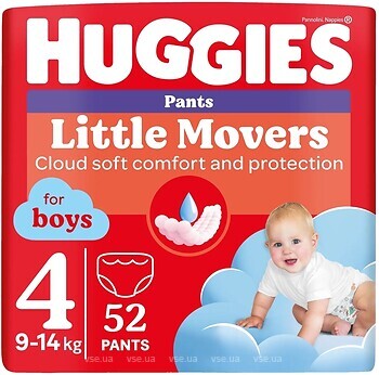 Фото Huggies Little Movers Pants 4 для мальчиков (9-14 кг) 52 шт