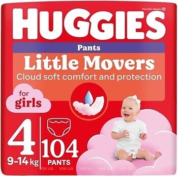 Фото Huggies Little Movers Pants 4 для девочек (9-14 кг) 104 шт
