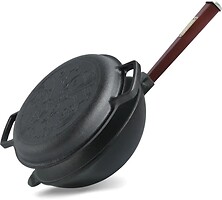 Фото Brizoll Wok 240x80 мм с деревянной ручкой и чугунной крышкой-сковородкой (W24HP2-2)